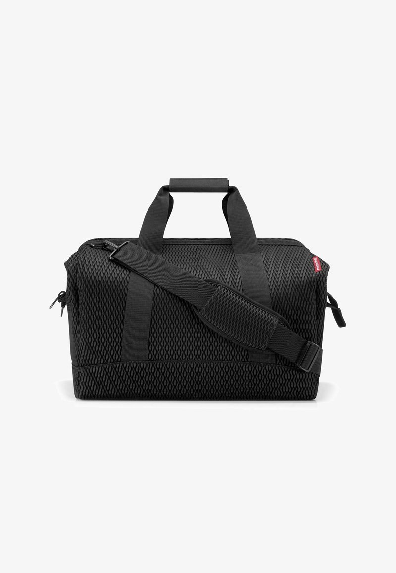 Borsone in rete nera con superficie testurizzata, manici doppi, tracolla regolabile e chiusura con zip. Presenta un piccolo logo decorativo.