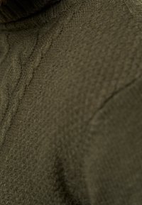 Pull vert olive tricoté présentant un motif texturé avec un col côtelé, mettant en valeur la profondeur et la chaleur du tissu.