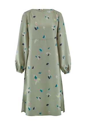 Grünes Kleid mit langen, gepufften Ärmeln, einem runden Halsausschnitt und einem seitlichen Schlitz; es hat ein florales Muster in Blau-, Rosa- und Weißtönen.