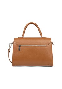 Sac à main en cuir texturé marron avec une forme structurée, une poignée supérieure, une bandoulière amovible et une poche zippée à l'avant.