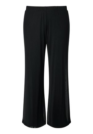 Zwarte wijde broek met elastische tailleband, gemaakt van lichtgewicht, licht doorschijnende stof.