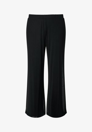 Černé široké kalhoty s elastickým pasem, vyrobené z lehké, mírně průsvitné látky.