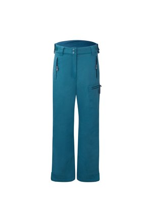 Teal waterproof pants with a straight leg design, two front zip pockets, and a secure side pocket. Made from durable, flexible material.
