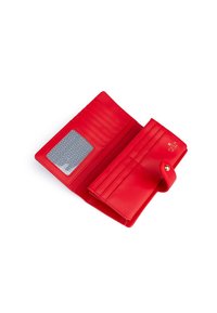 Red leather wallet with multiple card slots, a clear ID window, and a snap closure. Smooth texture with subtle stitching detail.
