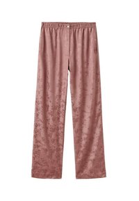 Pantalones rosados claros hechos de una tela suave, con un patrón floral, cinturilla elástica y un bolsillo lateral.