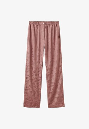 Light pink pants made from smooth fabric, featuring a floral pattern, elastic waistband, and a single side pocket.