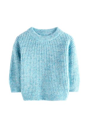 Pull en maille bleu clair avec texture côtelée, manches longues, et encolure ronde sur fond blanc.