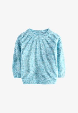 Hellblauer gestrickter Pullover mit gerippter Struktur, langen Ärmeln und rundem Ausschnitt auf weißem Hintergrund.
