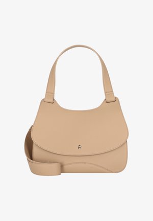 Beige læder skuldertaske med rund form, klaplukning og aftagelig rem. Har struktureret overflade og diskret logoaccent.