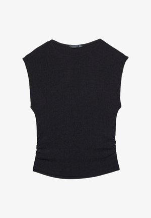 Čierny krátky rukáv top vyrobený z mäkkej, textúrovanej látky. Má okrúhly výstrih a zberané detaily po stranách, ktoré vytvárajú priliehavý vzhľad.