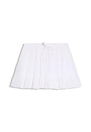 Witte gelaagde minirok met een elastische band en koordje aan de voorkant, gemaakt van lichtgewicht stof.