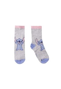 Calze grigie con polsini rosa e dettagli blu, caratterizzate da un personaggio dei cartoni animati con le braccia in alto. Realizzate in tessuto morbido, progettate per il massimo comfort.