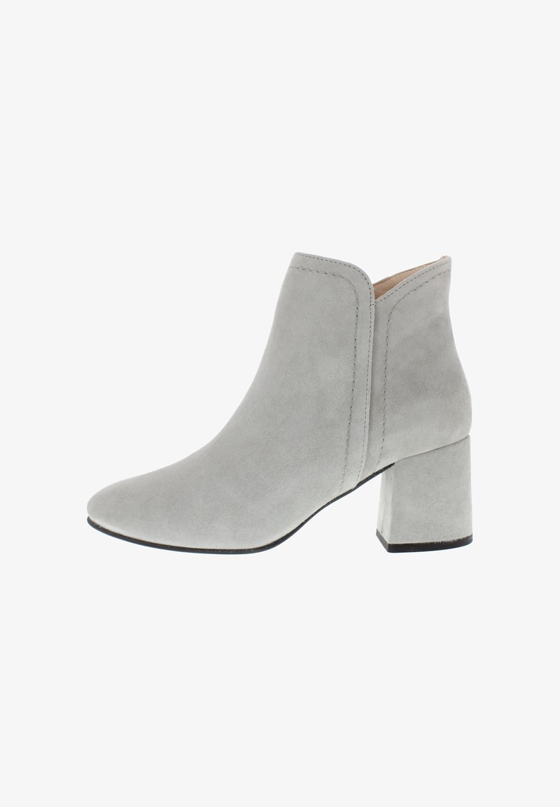 Gray suede ankle boot with a pointed toe and a chunky block heel. Features clean stitching and a smooth texture without visible hardware.