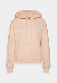 Perzikkleurige hoodie gemaakt van zachte stof, met een zak aan de voorkant, een trekkoordcapuchon en ribgebreide manchetten. Eenvoudig, casual ontwerp.