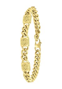 Gouden kettingarmband met gladde schakels en decoratieve vierkante accenten met complexe patronen. Veilige sluiting met haak.