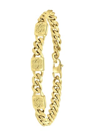 Gold chain bracelet with smooth links and decorative square accents featuring intricate patterns. Secure clasp closure.