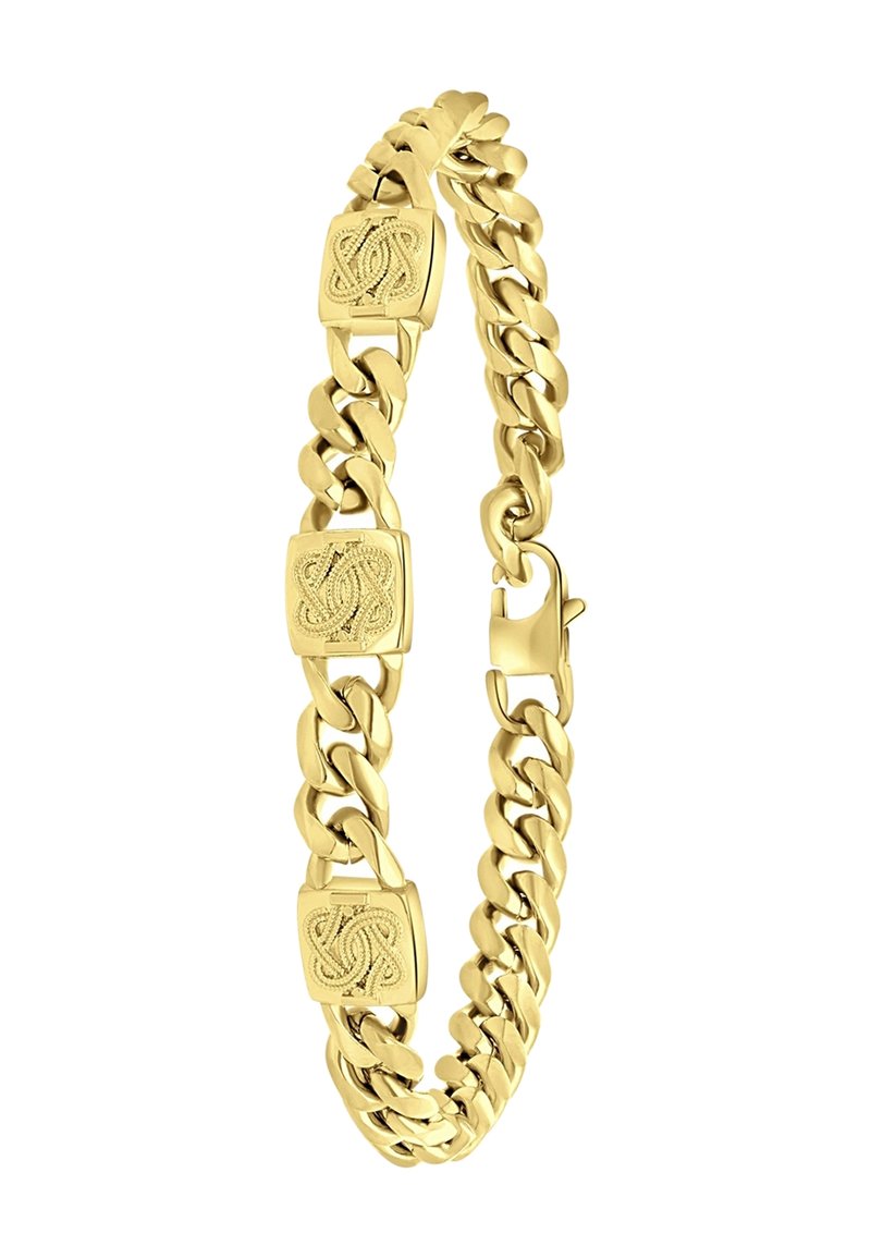 Gouden kettingarmband met gladde schakels en decoratieve vierkante accenten met complexe patronen. Veilige sluiting met haak.