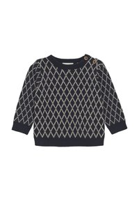 Marineblaues Sweater mit einem Rautenmuster in Creme. Verfügt über lange Ärmel, gerippte Bündchen und einen Rundhalsausschnitt mit drei braunen Knöpfen an der Schulter.
