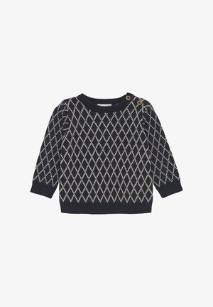 Marineblå sweater med diamantmønster i cremefarve. Har lange ærmer, ribbede manchetter og en rund halsudskæring med tre brune knapper på skulderen.