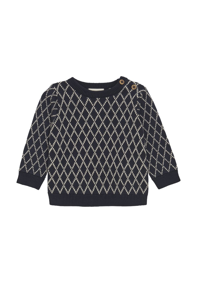 Marineblaues Sweater mit einem Rautenmuster in Creme. Verfügt über lange Ärmel, gerippte Bündchen und einen Rundhalsausschnitt mit drei braunen Knöpfen an der Schulter.