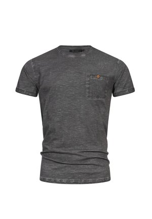 Kulgrå kortærmet T-shirt med rund hals, en lille brystlomme og en enkelt trækknap på lommen.