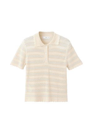 Kremowa dzianinowa koszulka polo z krótkim rękawem z falistymi brzegami, poziomymi paskami ażurowymi i trzema guzikami na listwie.