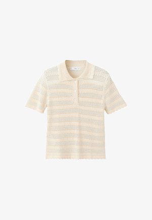 Kremowa dzianinowa koszulka polo z krótkim rękawem z falistymi brzegami, poziomymi paskami ażurowymi i trzema guzikami na listwie.