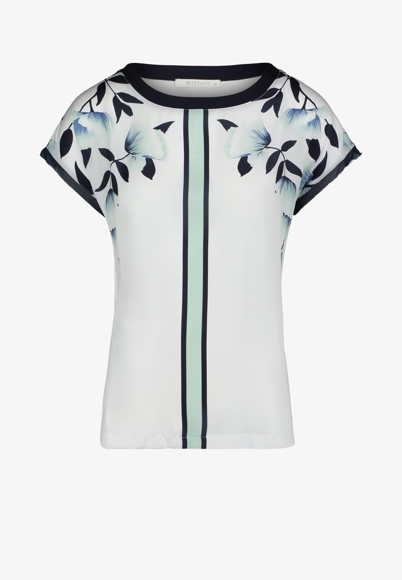 Top de manga corta con estampado floral que presenta una base blanca con flores azules, una raya vertical verde y un cuello azul marino. Textura de tela suave.