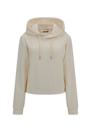 Cream-colored cropped hoodie made of textured fabric, featuring a drawstring hood and logo detail. Long sleeves with fitted cuffs.