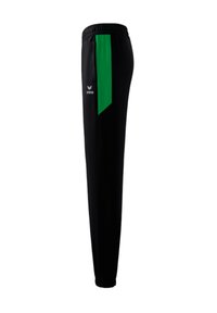 Pantalones deportivos negros con un panel lateral verde, cinturilla elástica y un logo en el muslo izquierdo. Textura suave y diseño ajustado.