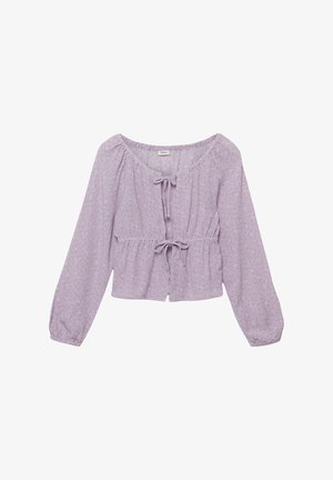 Fliederfarbene Bluse mit langen Ärmeln, kleinem Blumenmuster, elastischen Bündchen und zwei bindbaren Verschlüssen vorne am Ausschnitt und an der Taille.