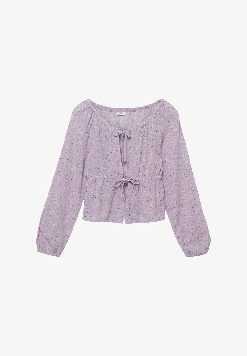 Fioletowa bluzka z długim rękawem z małym kwiatowym wzorem, elastycznymi mankietami oraz dwoma wiązaniami z przodu przy dekolcie i talii.