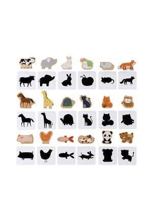 Wooden animal figures with colorful and black designs on white cards, showcasing various shapes and textures in a grid layout.