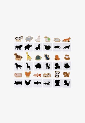 Wooden animal figures with colorful and black designs on white cards, showcasing various shapes and textures in a grid layout.