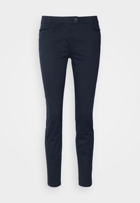 Pantalon slim bleu marine avec bouton et fermeture éclair à l'avant, deux poches avant et deux poches arrière, conçu pour femmes.