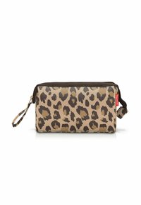 Pochette cosmetica con stampa leopardata in beige e marrone, dotata di chiusura a zip e manico. Realizzata in materiale durevole con una superficie liscia.