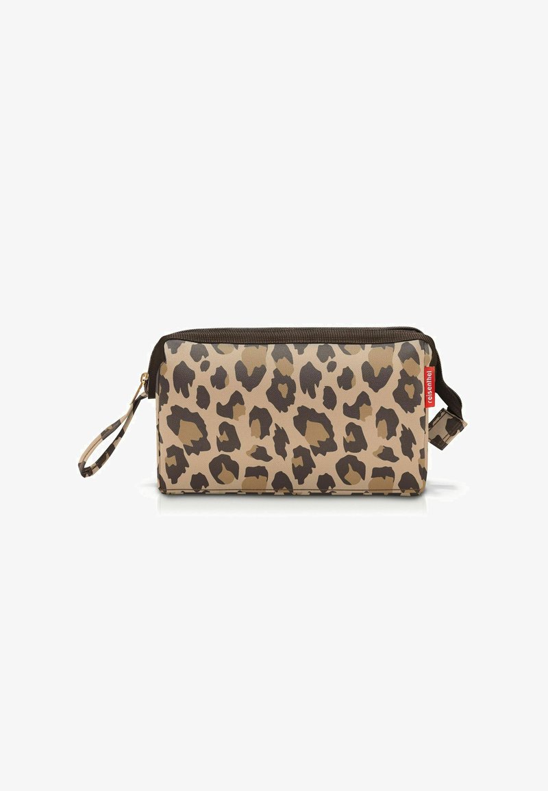 Pochette cosmetica con stampa leopardata in beige e marrone, dotata di chiusura a zip e manico. Realizzata in materiale durevole con una superficie liscia.