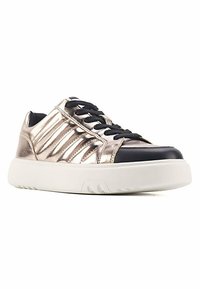 Metallic rose gold sneaker with black accents, textured stripes on the upper, white rubber sole, and black laces.