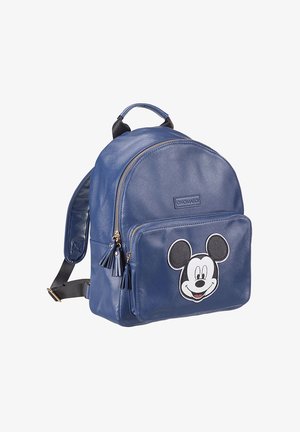 Zaino blu in pelle sintetica con forma arrotondata, dotato di una tasca frontale con un'applicazione di Topolino e tasselli decorativi.
