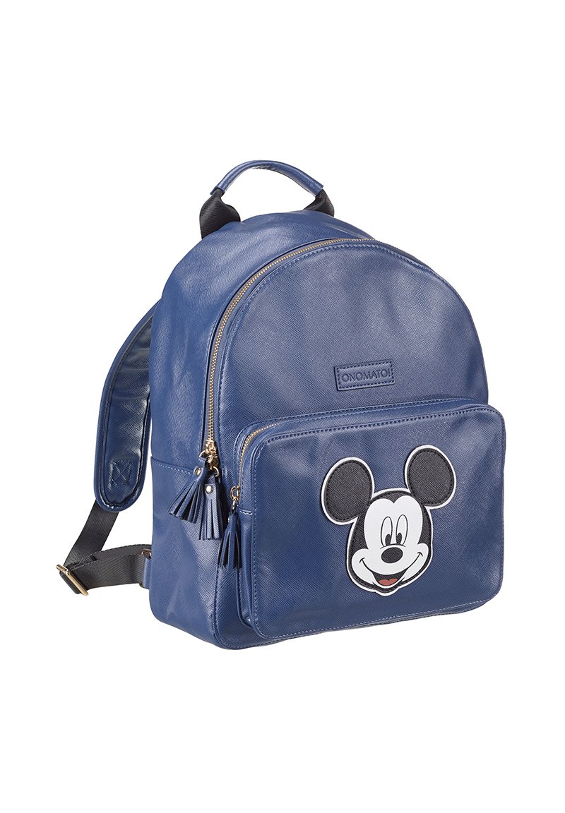 Zaino blu in pelle sintetica con forma arrotondata, dotato di una tasca frontale con un'applicazione di Topolino e tasselli decorativi.