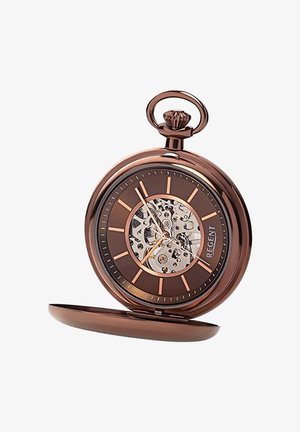 Bronzen zakhorloge met een gladde oppervlakte, transparante skelet wijzerplaat die de binnenmechanica onthult, en een ronde kast met een scharnierdeksel.