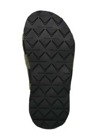 Black rubber sandal sole with a textured pattern featuring raised triangular shapes. The sole includes the brand name "Flower Mountain."