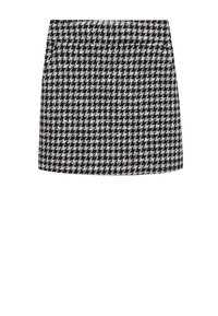 Mini-jupe à motif pied-de-poule noir et blanc, coupe droite, sans ornements ni fermetures visibles.
