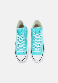 High-top sneakers in turquoise canvas with white laces, featuring a white rubber toe cap and black trim along the sole.