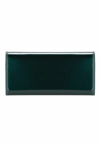 Clutch rettangolare in pelle verniciata verde scuro, con una superficie liscia e lucida, bordata con cuciture coordinate e un design minimale.