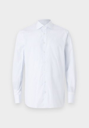 Hellblau-weißer gestreifter Langarmhemd aus Baumwolle. Mit Button-Down-Kragen und vorderem Knopfverschluss, sowie gestreiften Manschetten.
