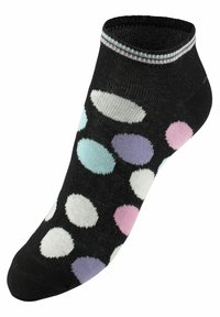 Schwarze Knöchelsocke mit großen, mehrfarbigen Punkten in Weiß, Hellblau, Pink und Lavendel; glatte Textur und elastischer Bund.