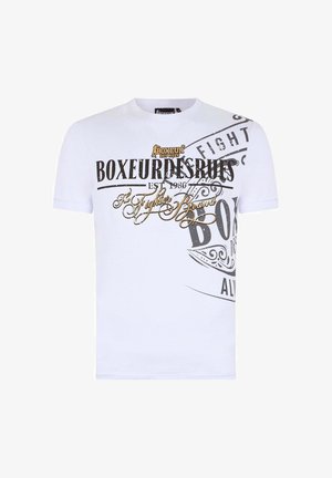 T-shirt bianco in cotone con grafica nera e dorata, inclusi "BOXEUR DES RUES" e disegni intricati sul fronte. Maniche corte.