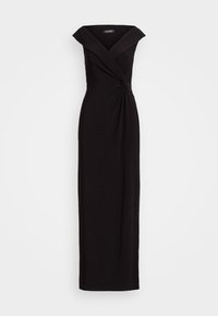 Schwarzes, bodenlanges Kleid mit schulterfreiem Ausschnitt, verdrehtem Detail in der Taille und glattem, dehnbarem Stoff. Einfaches, elegantes Design.