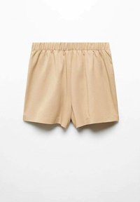 Pantaloni corti beige realizzati in tessuto morbido, dotati di una comoda vita elasticizzata, vestibilità ampia e senza motivi visibili o decorazioni aggiuntive.